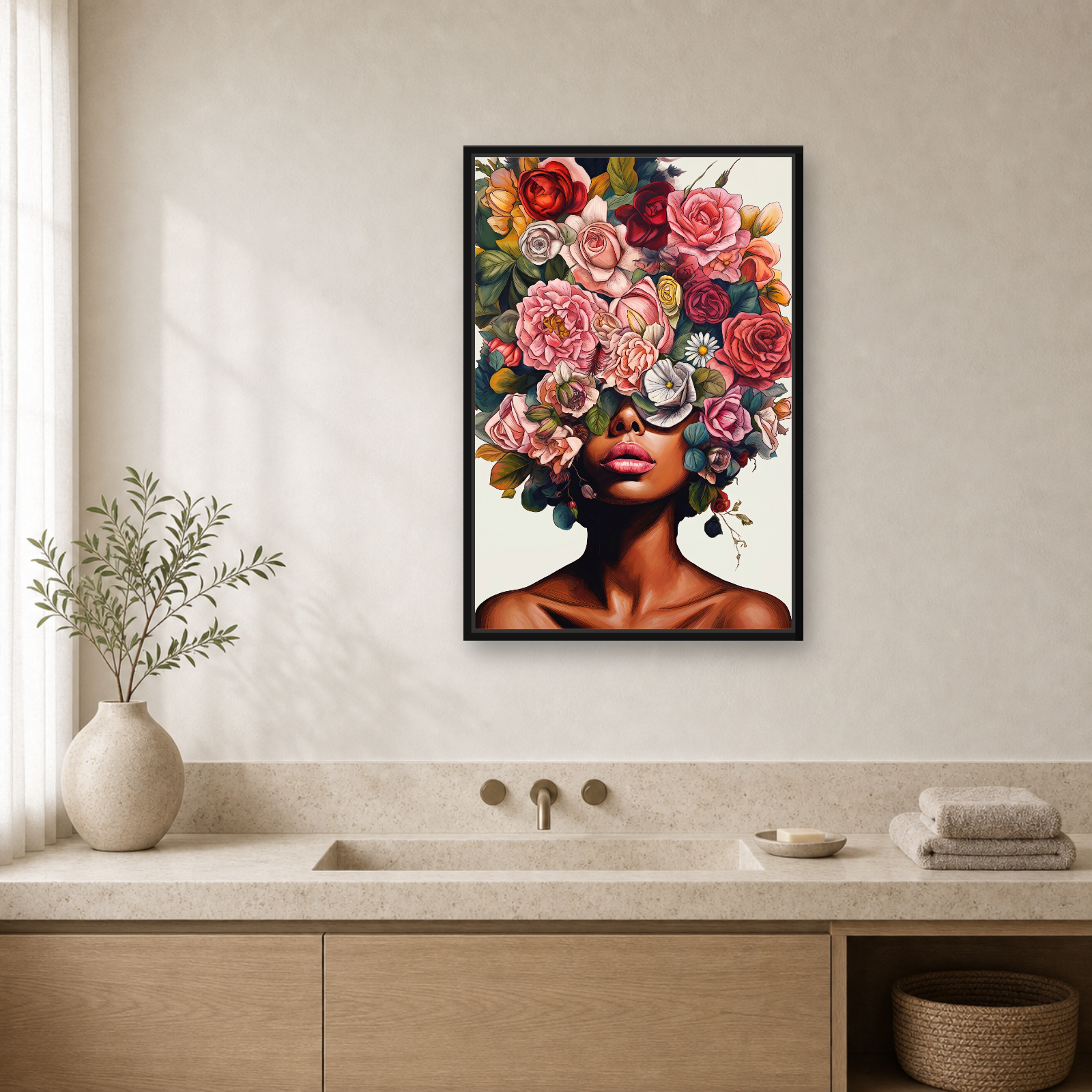 Floral Muse Framed Canvas Wall Art – Elegant Botanical Woman Portrait