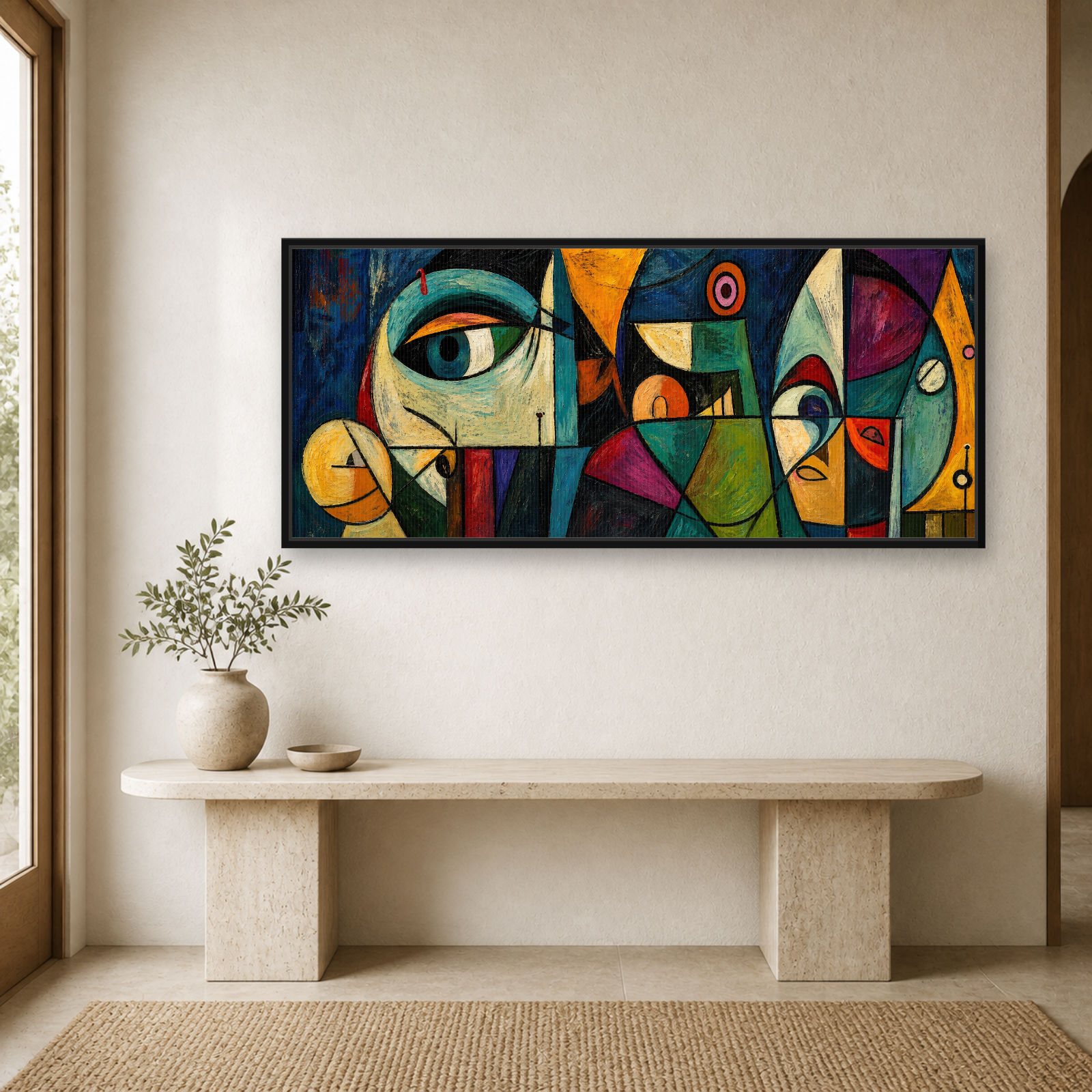 Midnight Geometry Framed Canvas Wall Art – Colorful Cubist Abstract Artwork