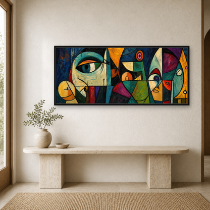 Midnight Geometry Framed Canvas Wall Art – Colorful Cubist Abstract Artwork