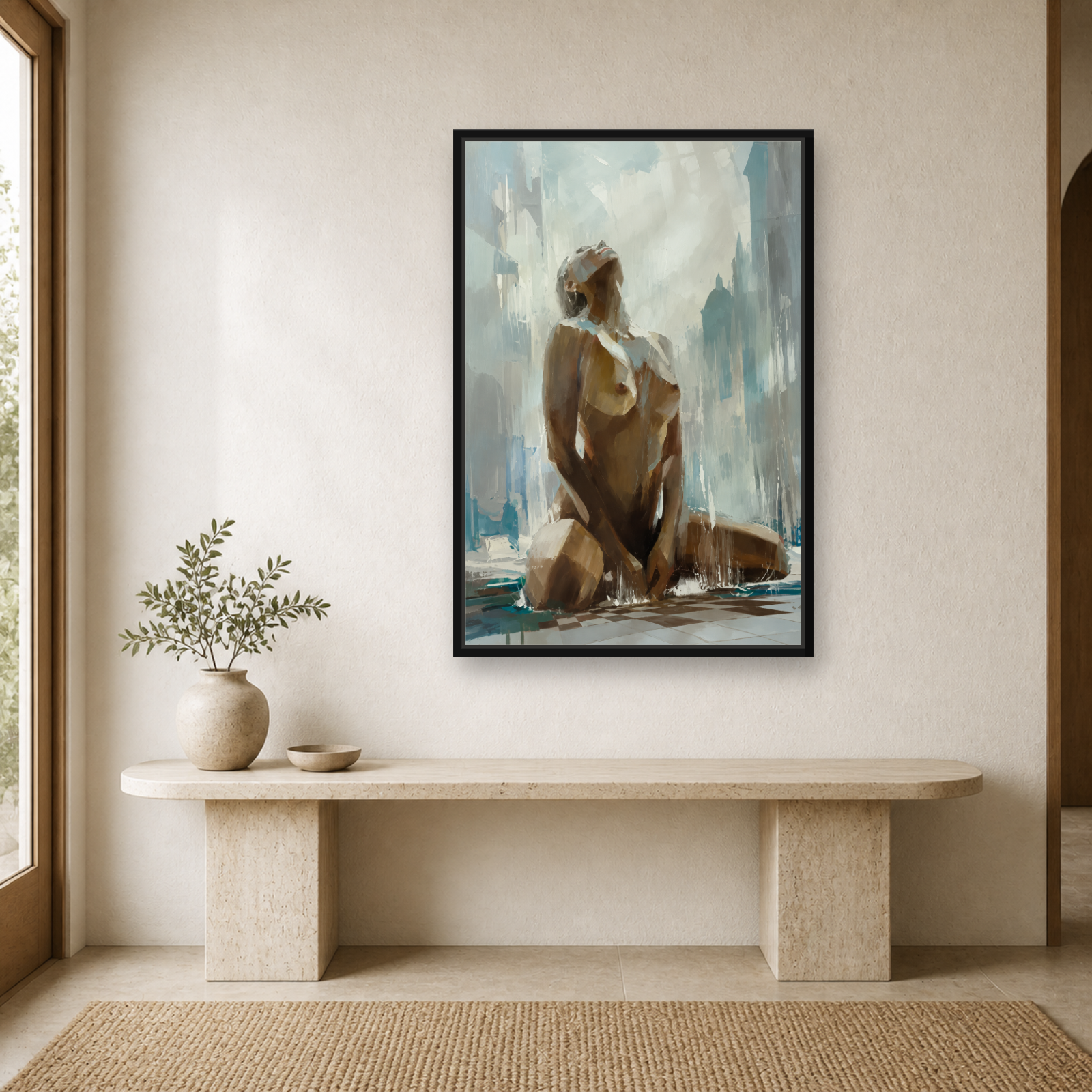 Rainfall Muse Framed Canvas Wall Art – Modern Figurative Woman Artwork