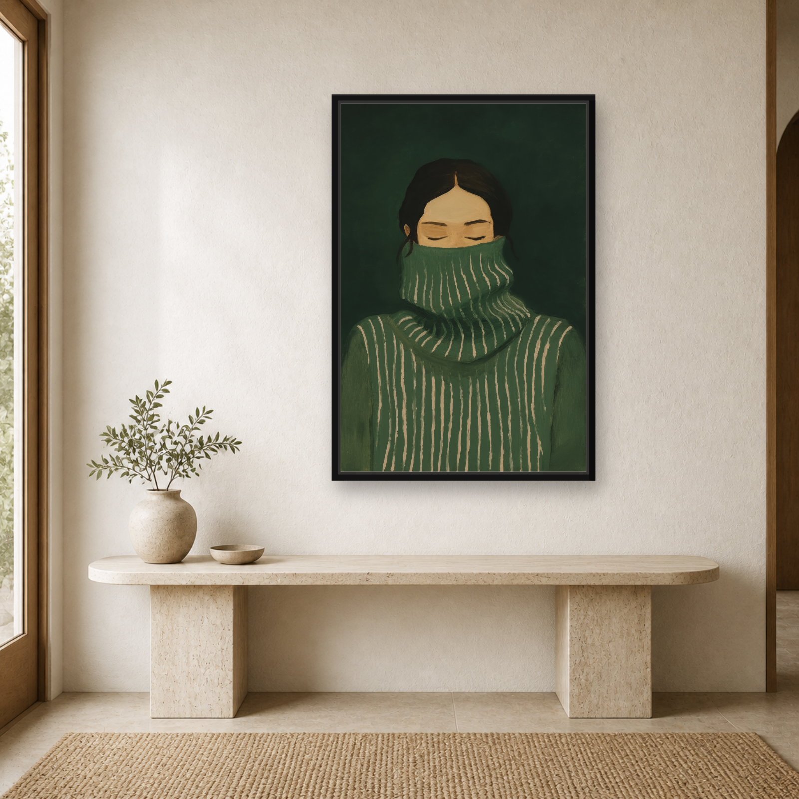 Emerald Stillness Framed Canvas Wall Art – Minimalist Figurative Portrait