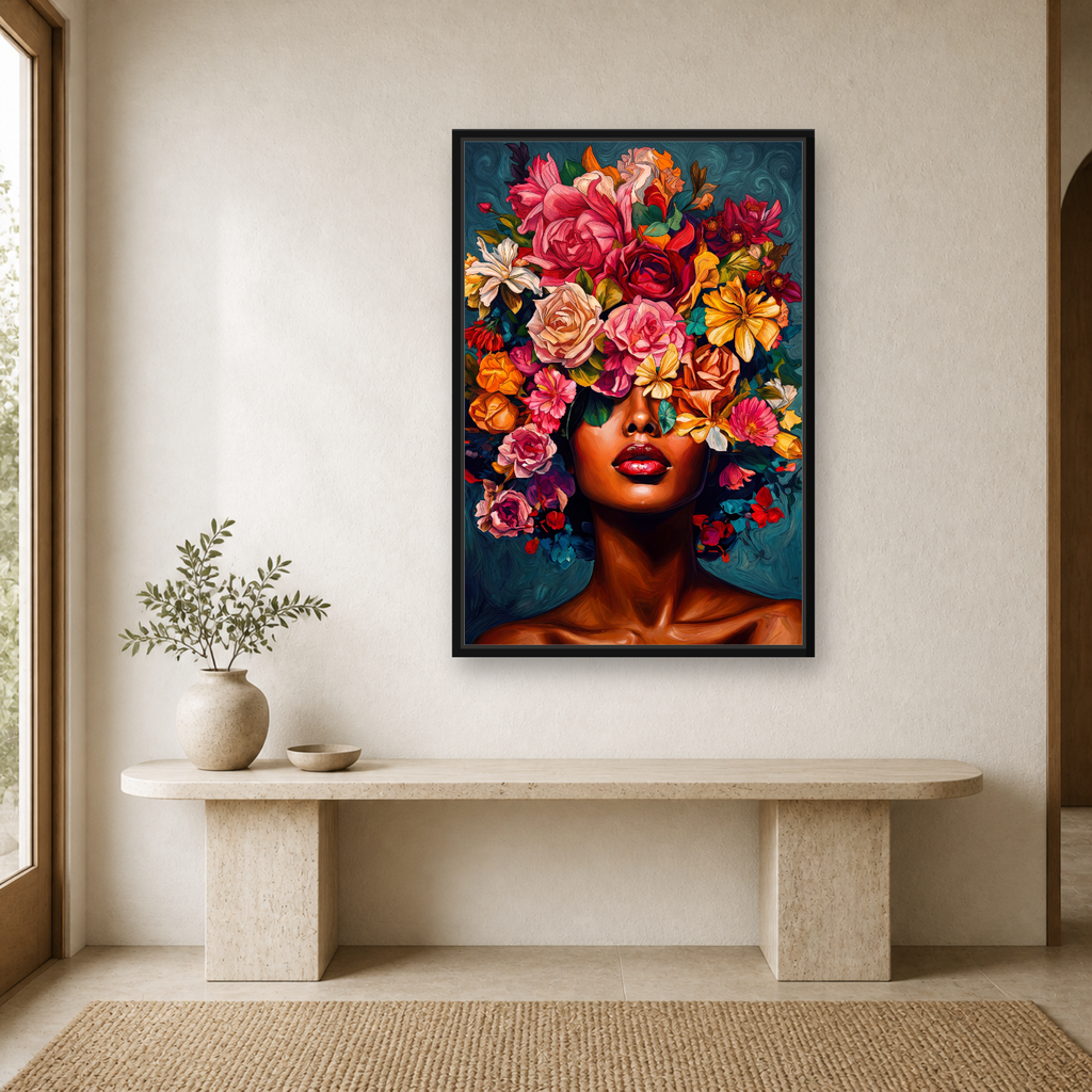 Floral Muse Framed Canvas Wall Art – Elegant Botanical Woman Portrait