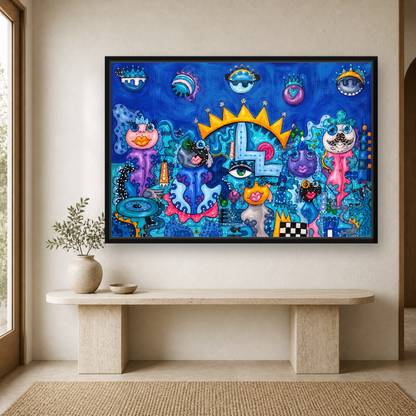 Blue Kingdom Framed Canvas Wall Art – Whimsical Surreal Pop Art