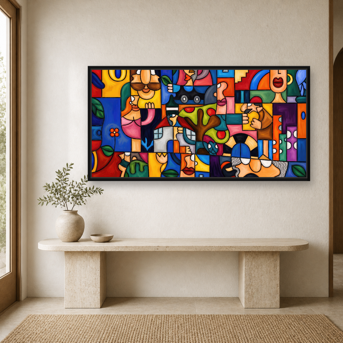 Geometry Framed Canvas Wall Art – Colorful Cubist Abstract Artwork