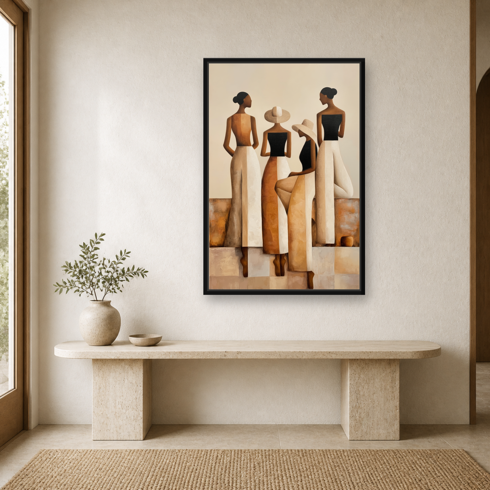 Sisterhood in Neutrals Framed Canvas Wall Art – Elegant Figurative Artwork
