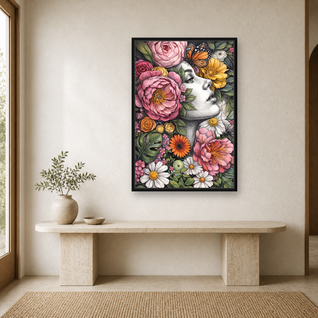 Floral Muse Framed Canvas Wall Art – Elegant Botanical Woman Portrait