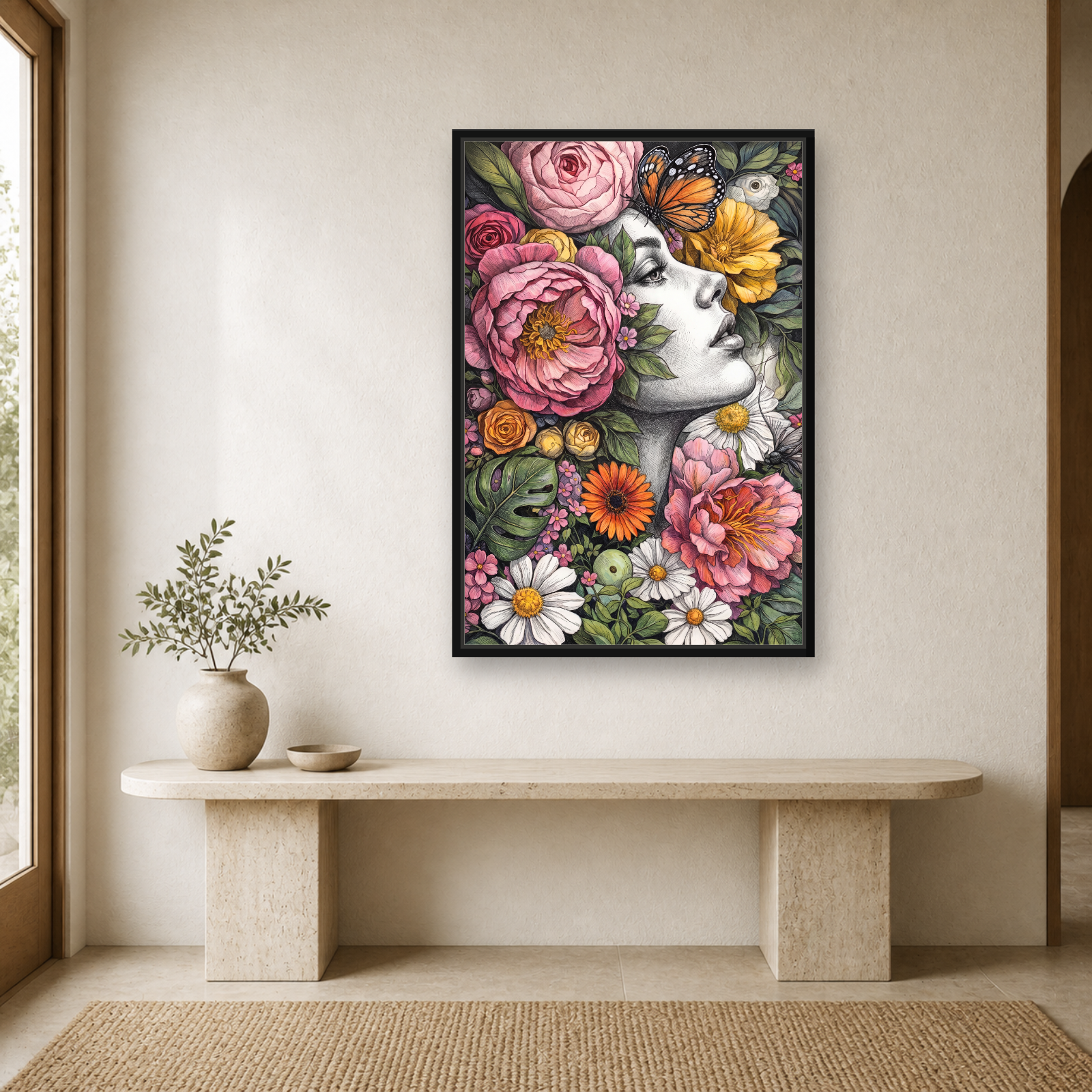 Floral Muse Framed Canvas Wall Art – Elegant Botanical Woman Portrait