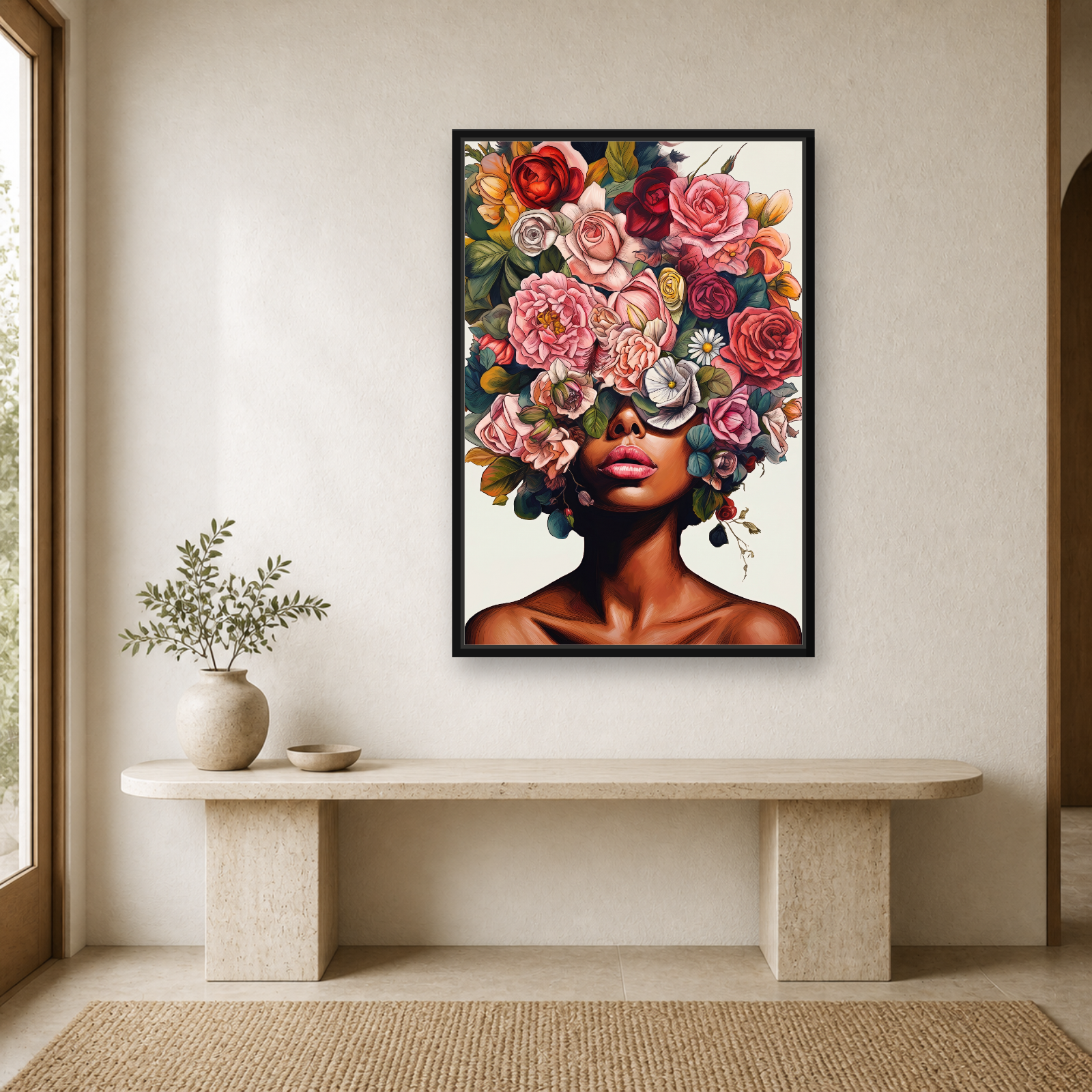Floral Muse Framed Canvas Wall Art – Elegant Botanical Woman Portrait