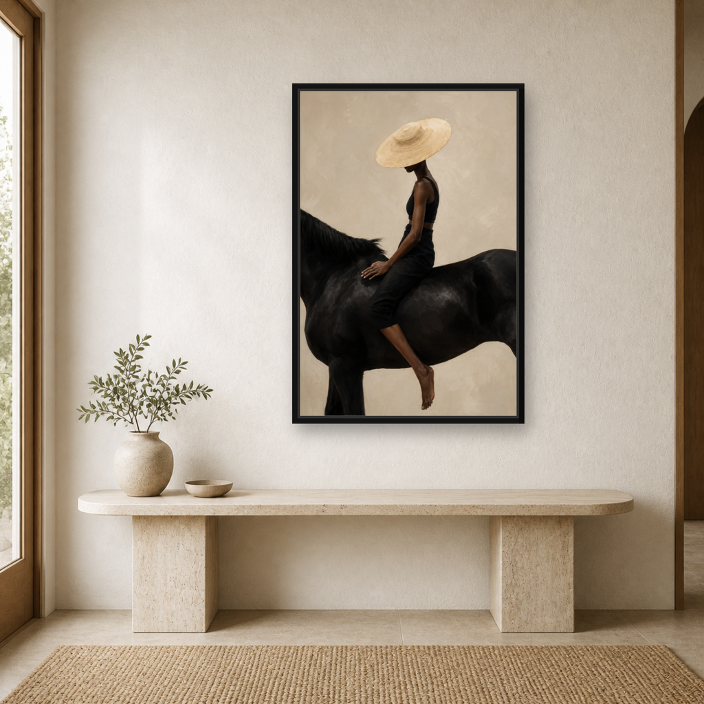 Quiet Ride Framed Canvas Wall Art – Elegant Woman on Black Horse Artwork
