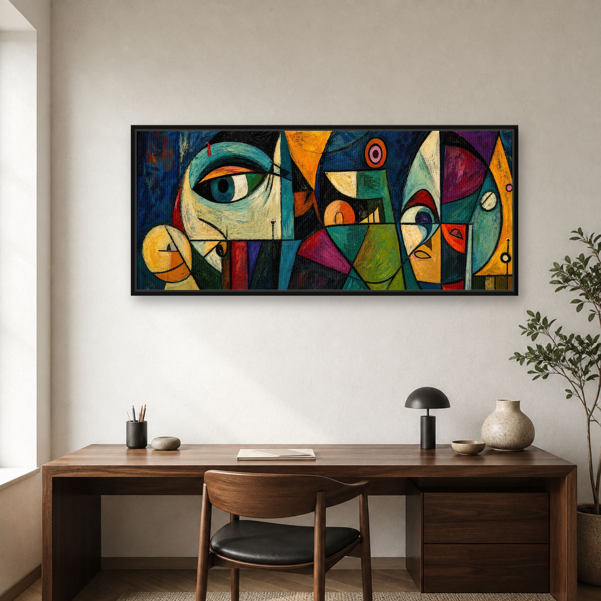 Midnight Geometry Framed Canvas Wall Art – Colorful Cubist Abstract Artwork