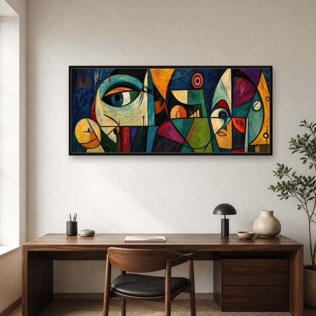 Midnight Geometry Framed Canvas Wall Art – Colorful Cubist Abstract Artwork