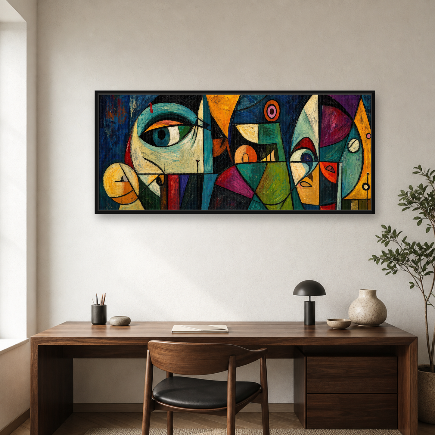 Midnight Geometry Framed Canvas Wall Art – Colorful Cubist Abstract Artwork