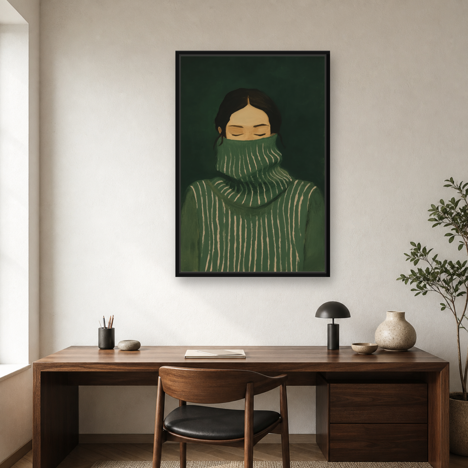Emerald Stillness Framed Canvas Wall Art – Minimalist Figurative Portrait