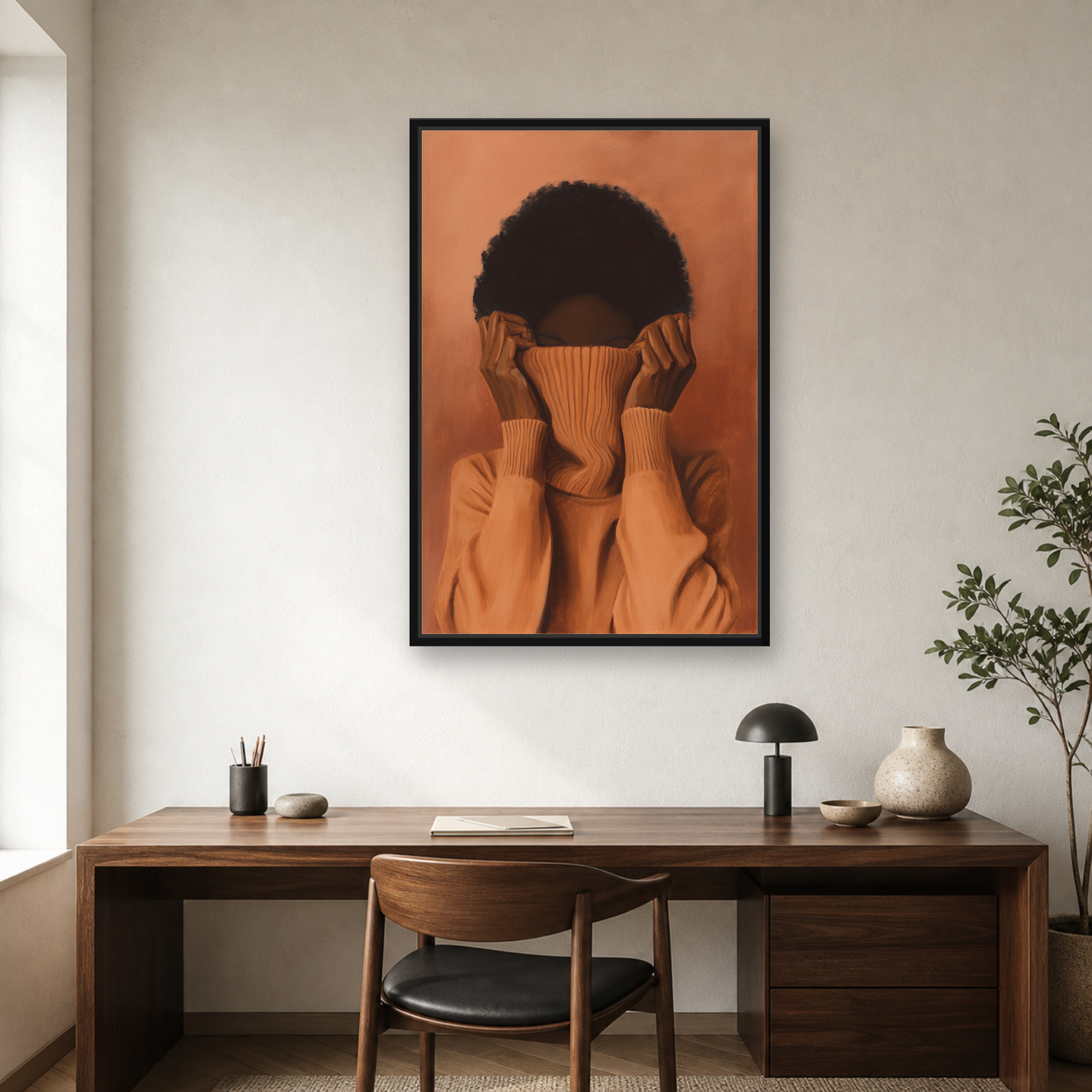 Black Orange Woman Framed Canvas Wall Art – Minimalist Figurative Portrait