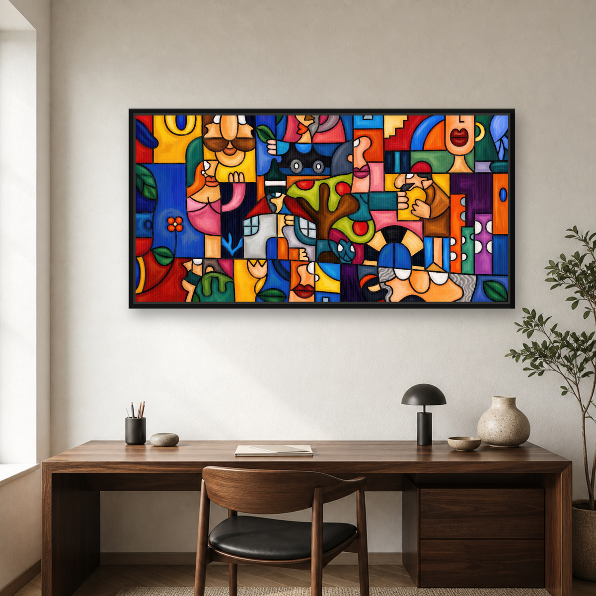 Geometry Framed Canvas Wall Art – Colorful Cubist Abstract Artwork