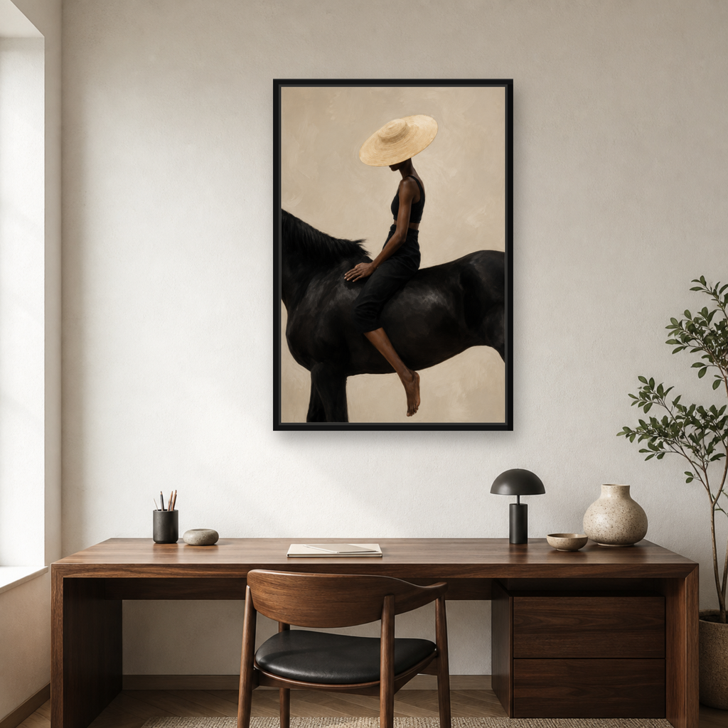 Quiet Ride Framed Canvas Wall Art – Elegant Woman on Black Horse Artwork