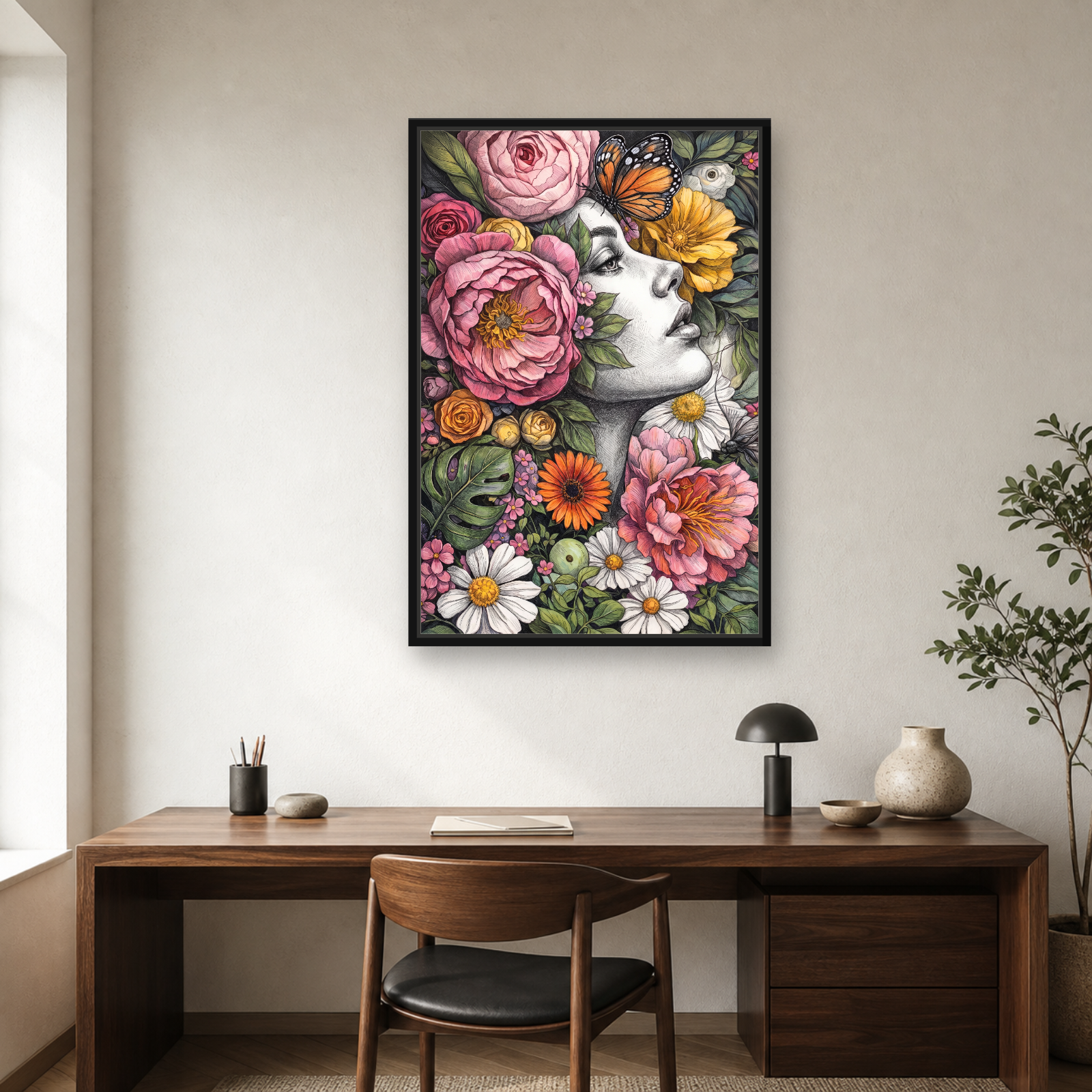 Floral Muse Framed Canvas Wall Art – Elegant Botanical Woman Portrait