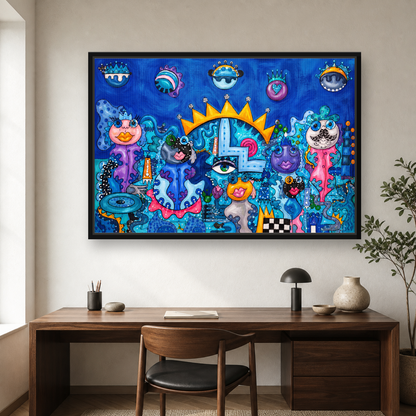 Blue Kingdom Framed Canvas Wall Art – Whimsical Surreal Pop Art