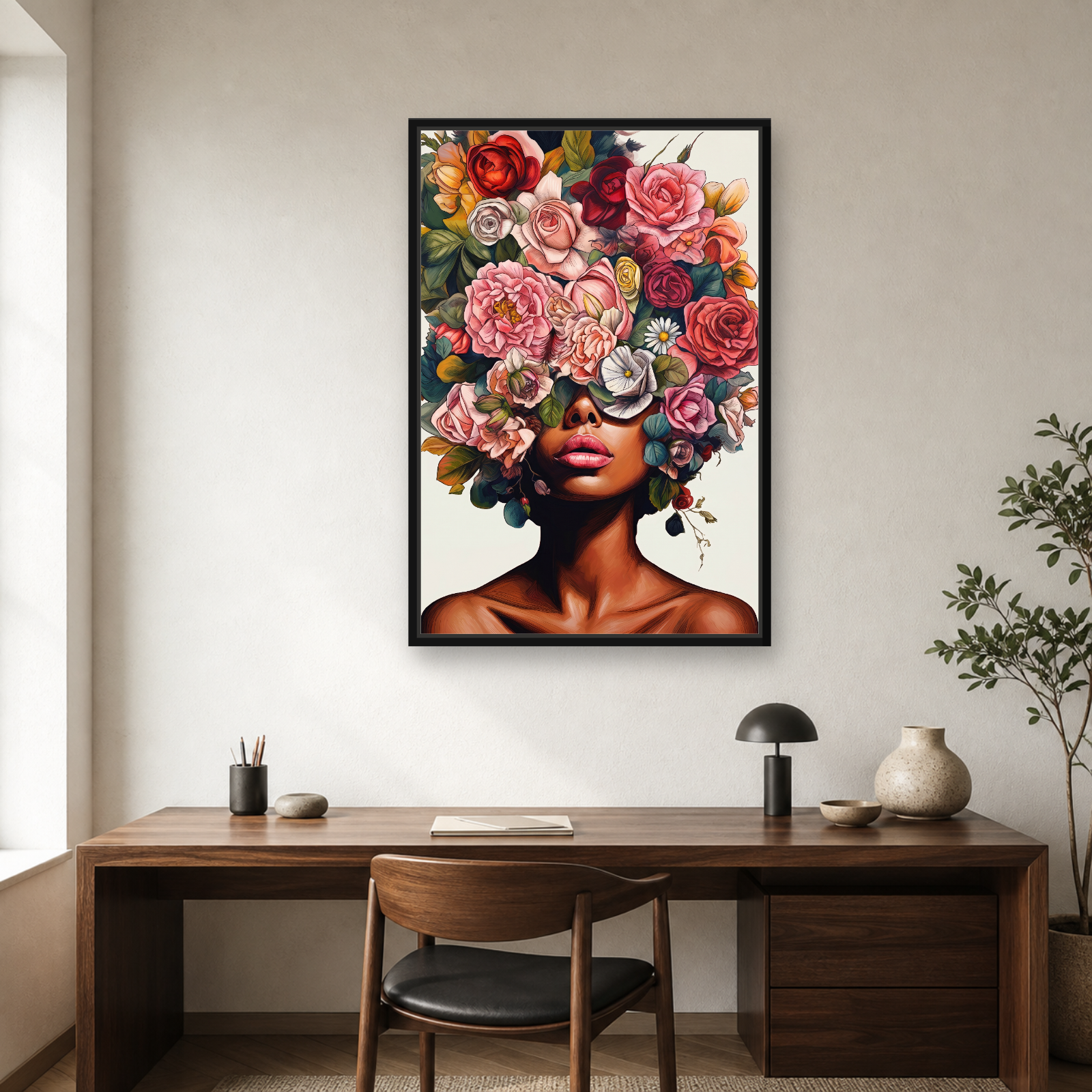 Floral Muse Framed Canvas Wall Art – Elegant Botanical Woman Portrait