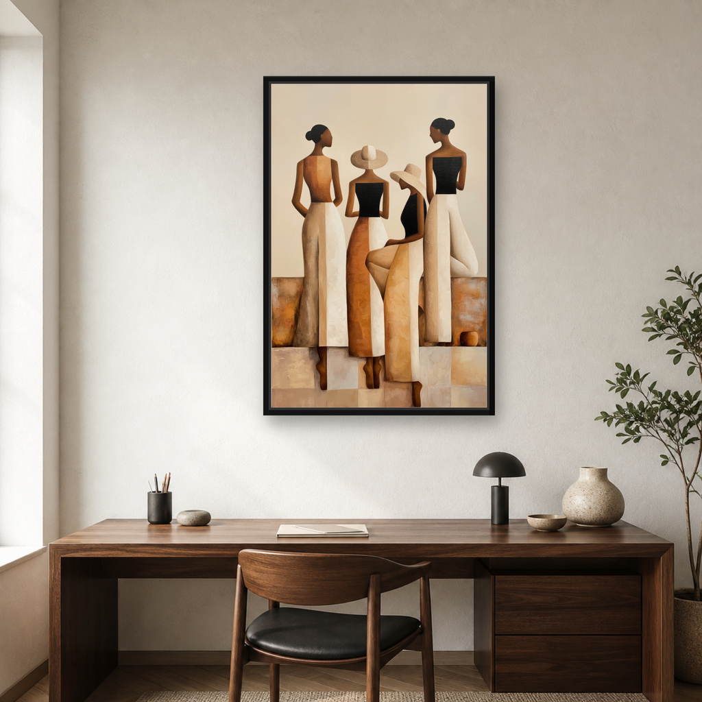 Sisterhood in Neutrals Framed Canvas Wall Art – Elegant Figurative Artwork