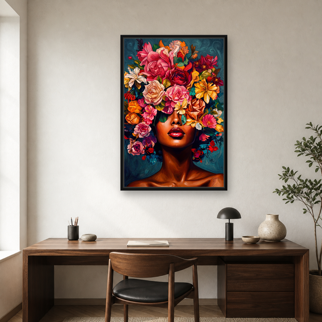 Floral Muse Framed Canvas Wall Art – Elegant Botanical Woman Portrait