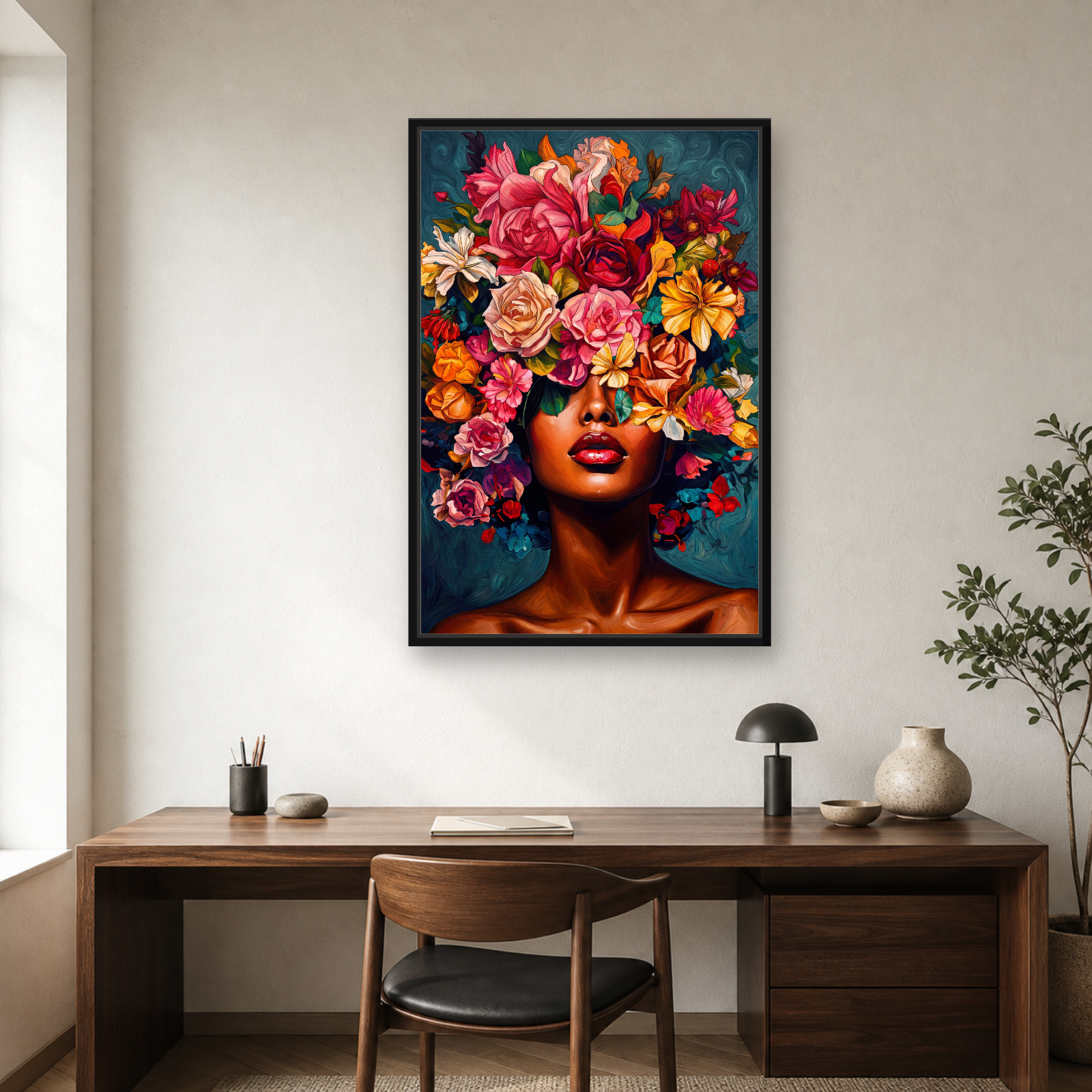 Floral Muse Framed Canvas Wall Art – Elegant Botanical Woman Portrait