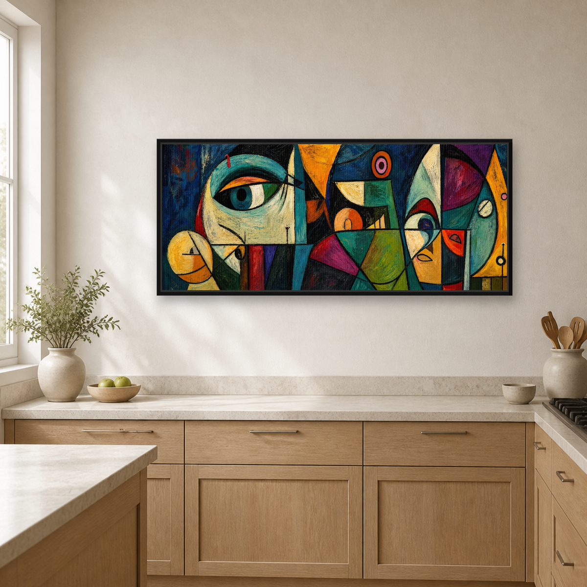 Midnight Geometry Framed Canvas Wall Art – Colorful Cubist Abstract Artwork