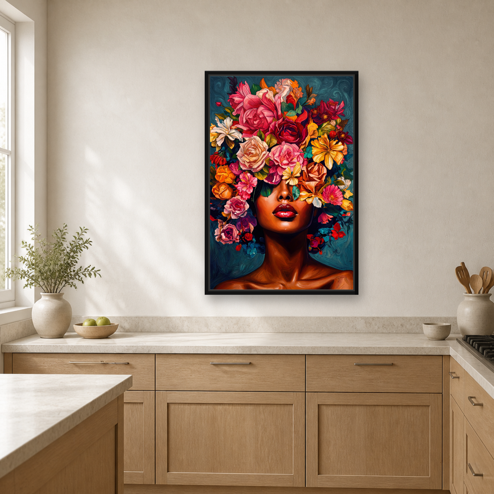 Floral Muse Framed Canvas Wall Art – Elegant Botanical Woman Portrait
