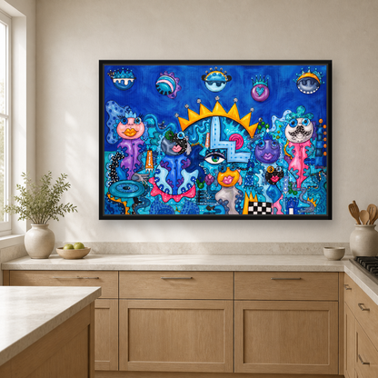 Blue Kingdom Framed Canvas Wall Art – Whimsical Surreal Pop Art