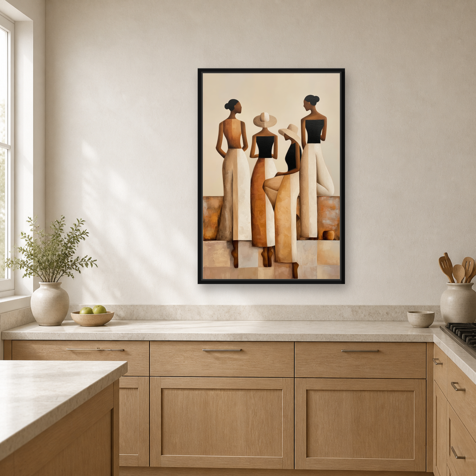 Sisterhood in Neutrals Framed Canvas Wall Art – Elegant Figurative Artwork