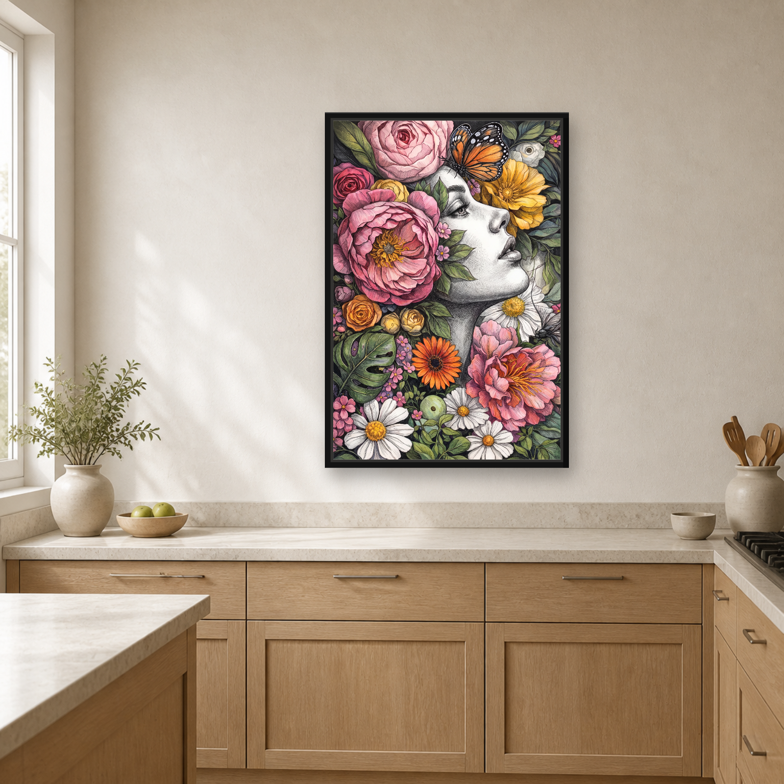 Floral Muse Framed Canvas Wall Art – Elegant Botanical Woman Portrait