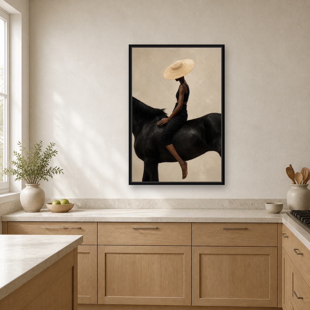 Quiet Ride Framed Canvas Wall Art – Elegant Woman on Black Horse Artwork