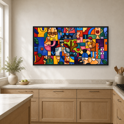 Geometry Framed Canvas Wall Art – Colorful Cubist Abstract Artwork