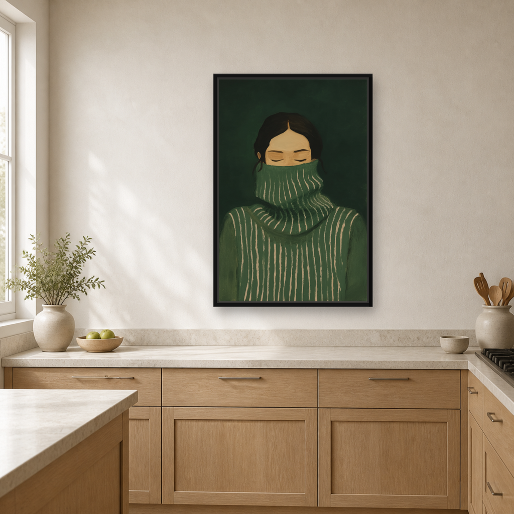 Emerald Stillness Framed Canvas Wall Art – Minimalist Figurative Portrait