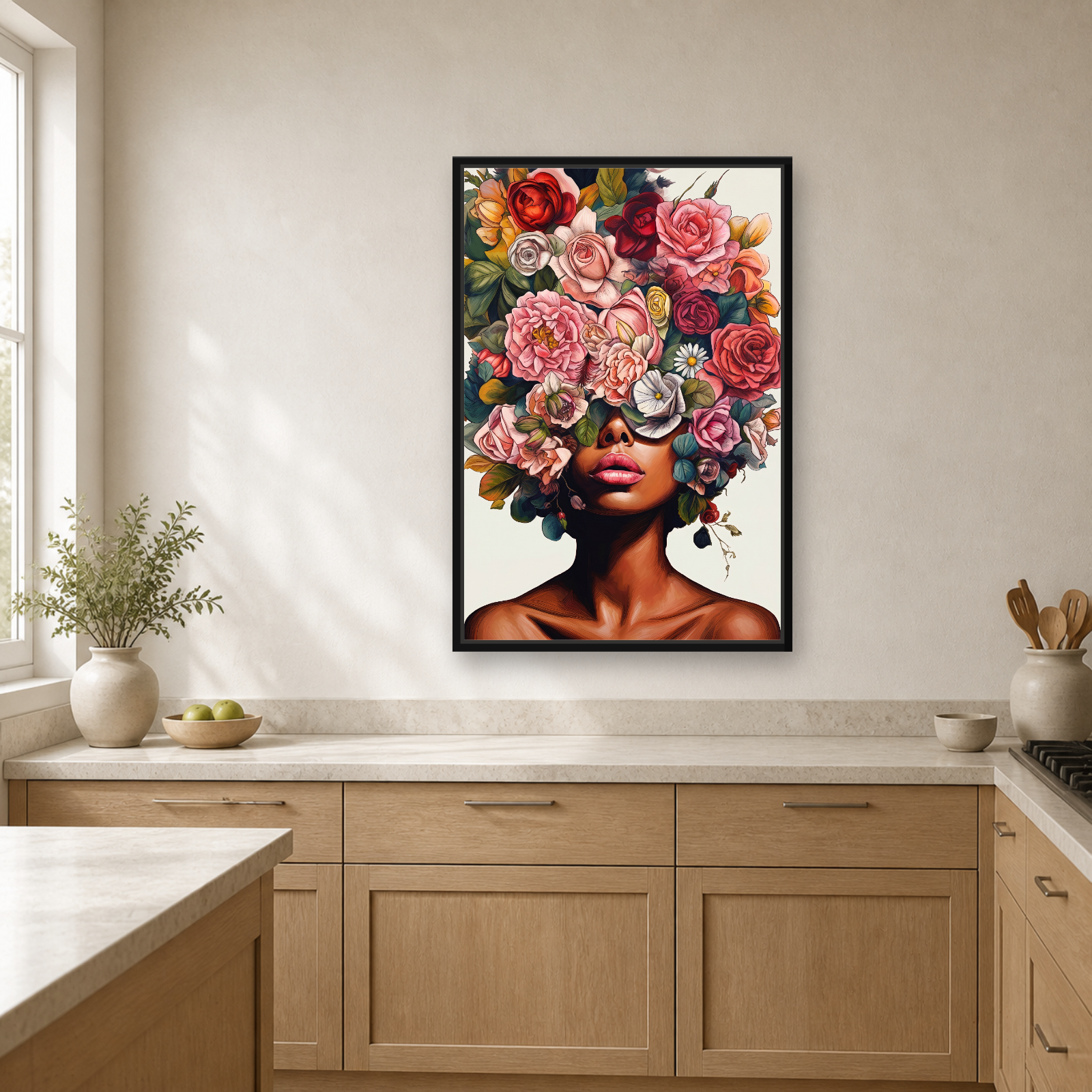 Floral Muse Framed Canvas Wall Art – Elegant Botanical Woman Portrait